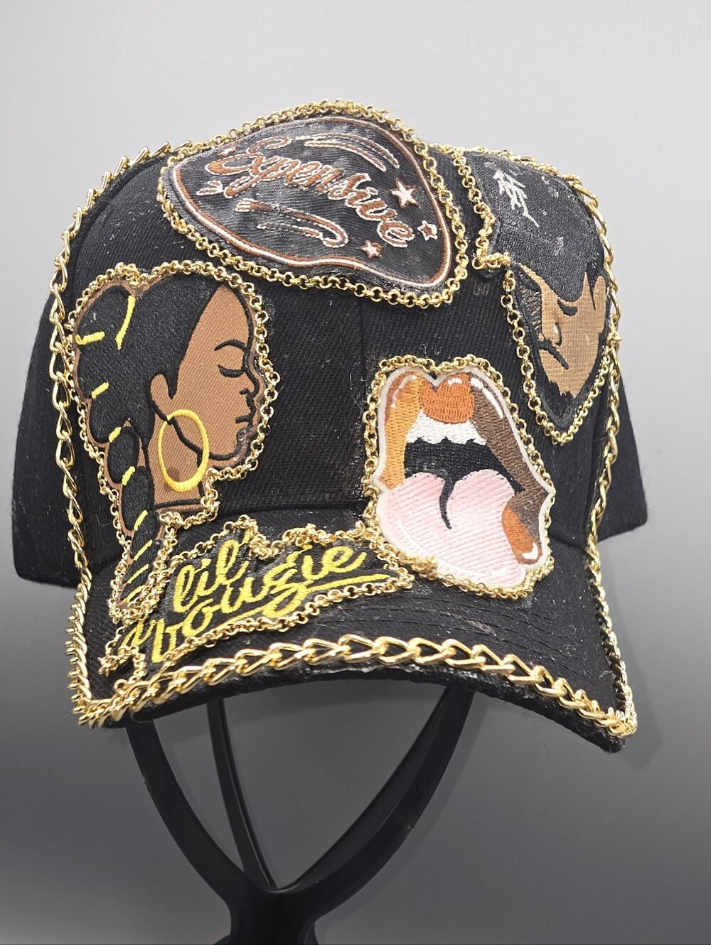 CHRIS BROWN Black Decorative Baseball Cap with Gold Chain Trim